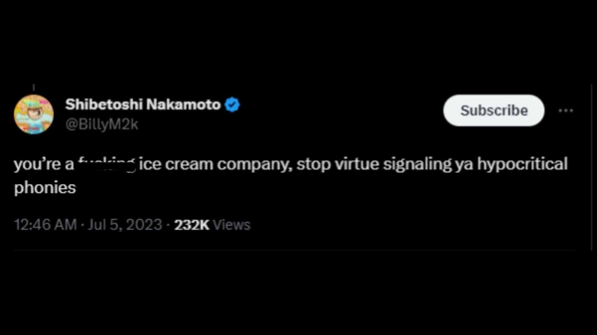 Screenshot of a Twitter user remarking on the ice cream company's controversial Fourth of July post. (Photo via @benandjerrys/Twitter)